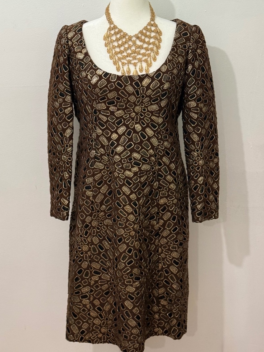 70's Metallic Brocade Cocktail Dress - Gold & Brown Lamé, SZ M, Holiday Hostess